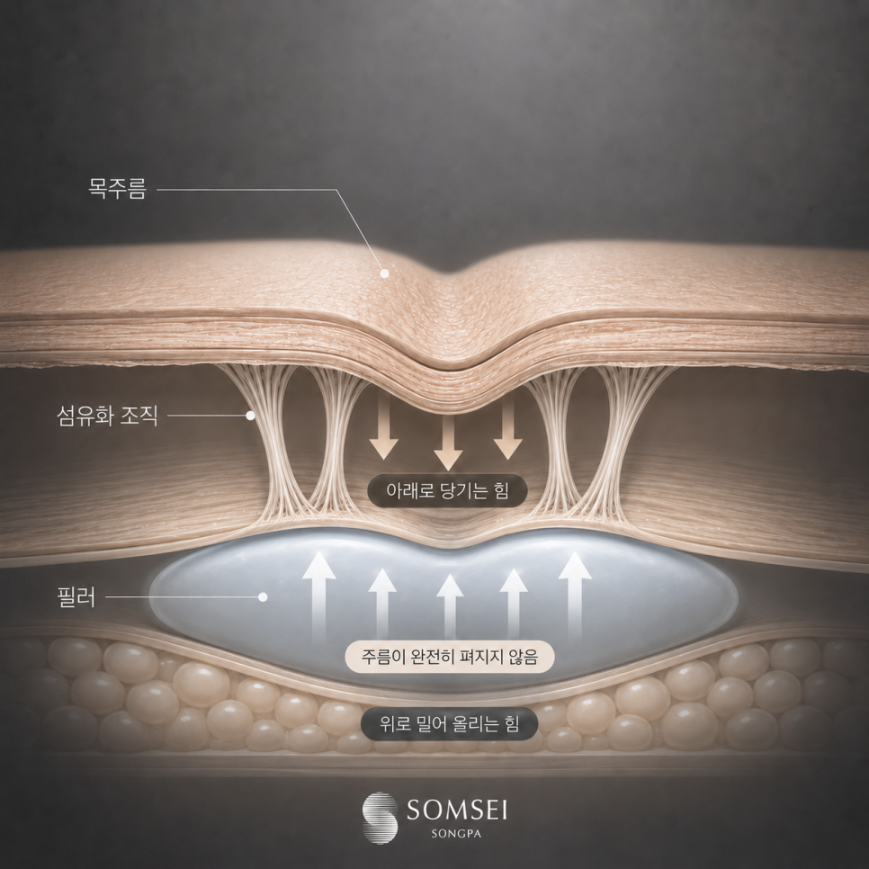 눌려 있는 자리를 그대로 두고 위에만 채우면 선은 남습니다.