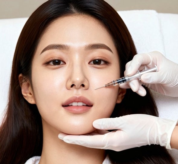 장갑을 낀 손으로 턱을 받치고 볼 옆에 주사기를 댄 모습