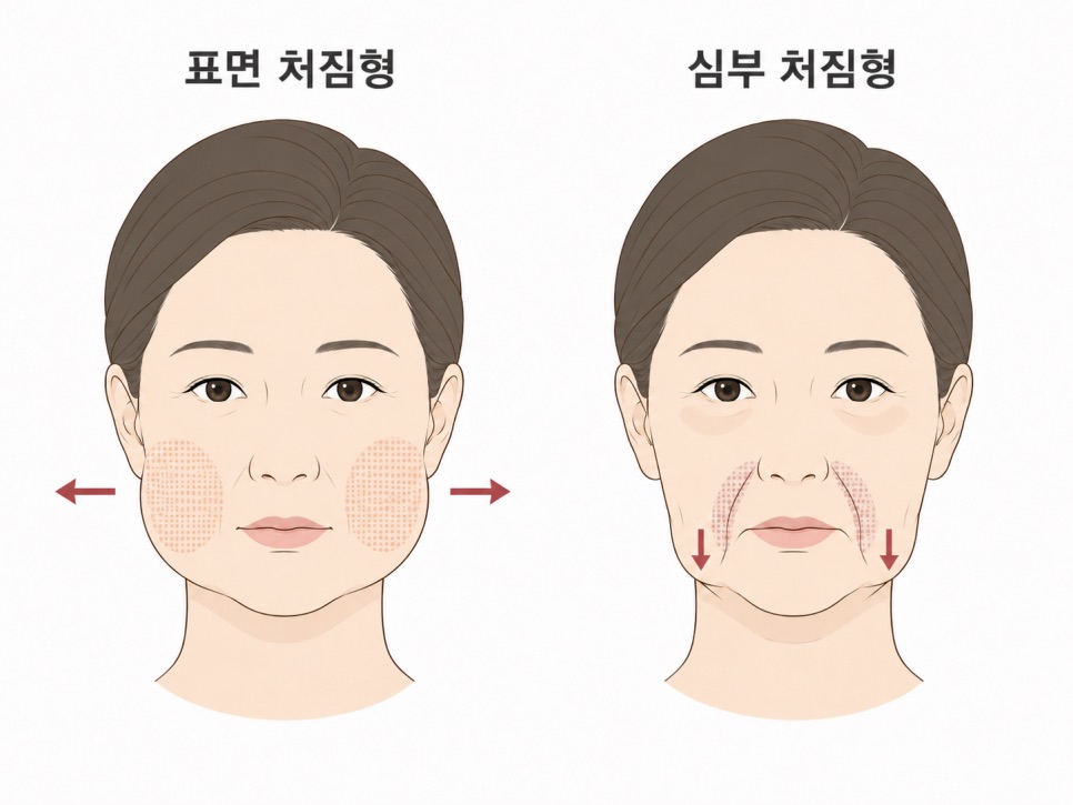 두 가지 처짐 양상을 보여주는 얼굴 측면 비교: 왼쪽: 표면이 풀린 타입(볼 좌우 퍼짐) / 오른쪽: 안쪽이 내려앉은 타입(입가 옆 무거움)