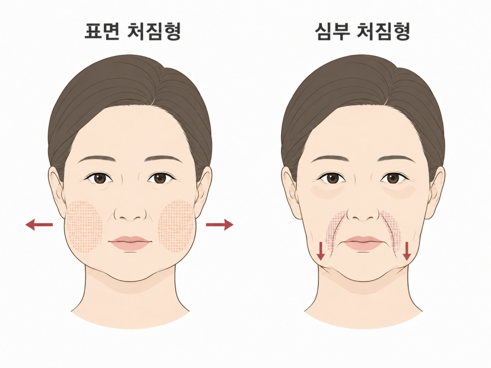 두 가지 처짐 양상을 보여주는 얼굴 측면 비교: 왼쪽: 표면이 풀린 타입(볼 좌우 퍼짐) / 오른쪽: 안쪽이 내려앉은 타입(입가 옆 무거움)