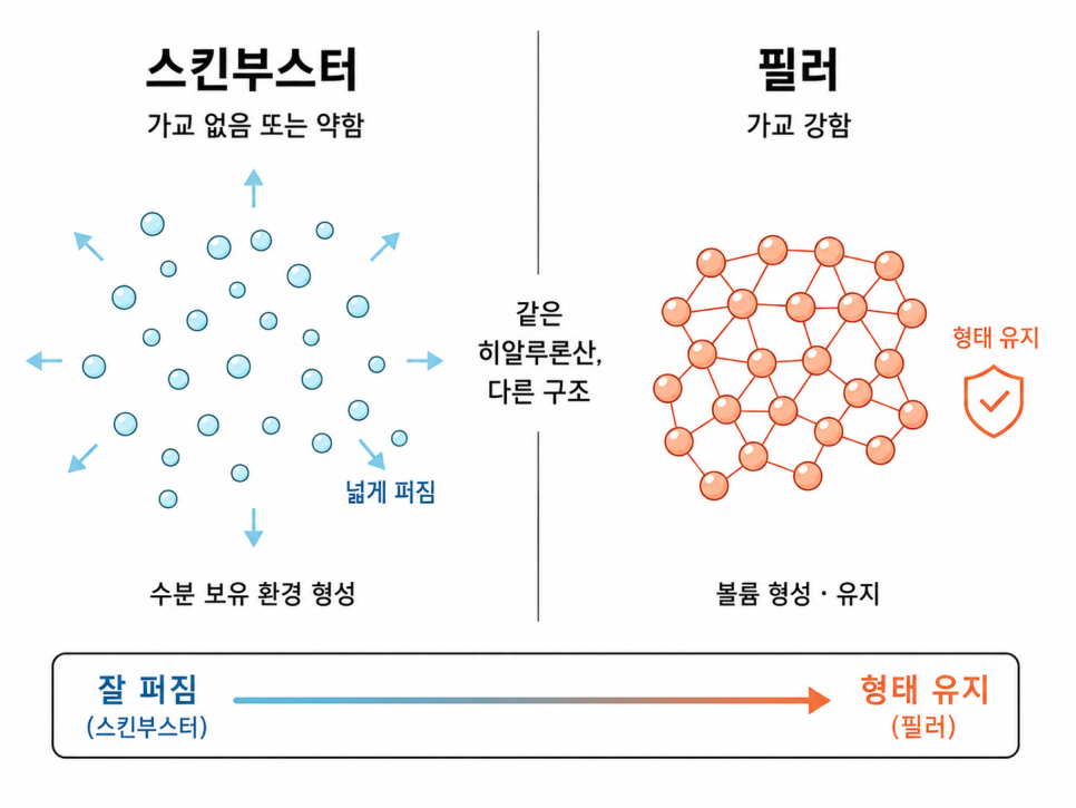 화장품, 스킨부스터, 필러: 같은 히알루론산인데 왜 다른가요? 3가지 비교