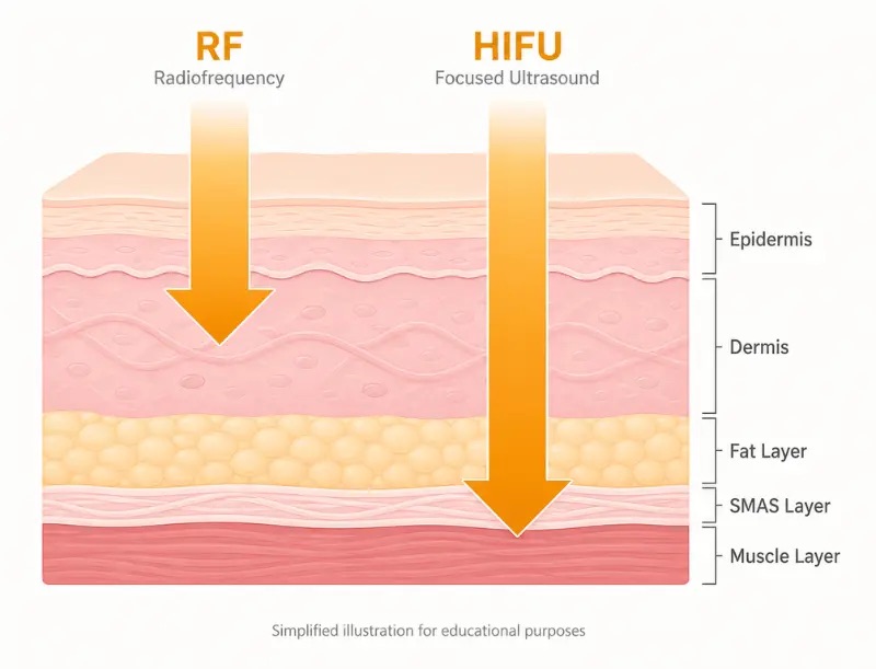 <피부 단면도 일러스트: 표피·진피·피하지방·SMAS·근육층의 5층 구조에 RF와 HIFU가 닿는 깊이를 색으로 표시 RF는 위쪽 진피·피하지방층까지, HIFU는 그 아래 SMAS층까지. 두 시술은